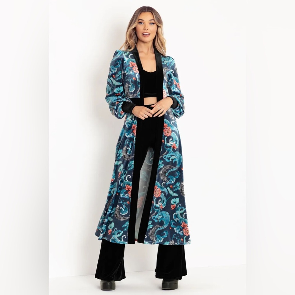 BLACKMILK Koi Waters VELVET MAXI JACKET! Open Front Robe Duster Fish Lilies Art